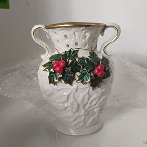 Vintage Holly 2 Handled Pitcher Vase for Christmas Decor Diamond Collection